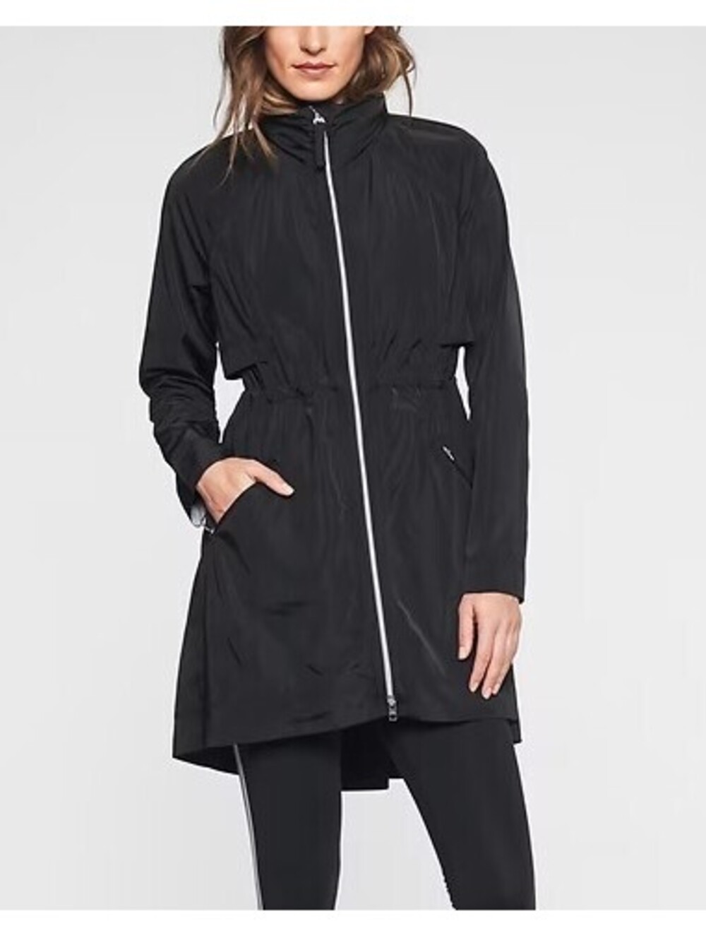 Athleta Black Long Zip Windbreaker Jacket with White Trim